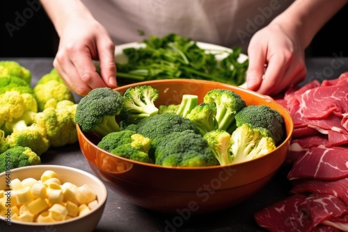 hand mixing beef and broccoli ingredients in a large bowl