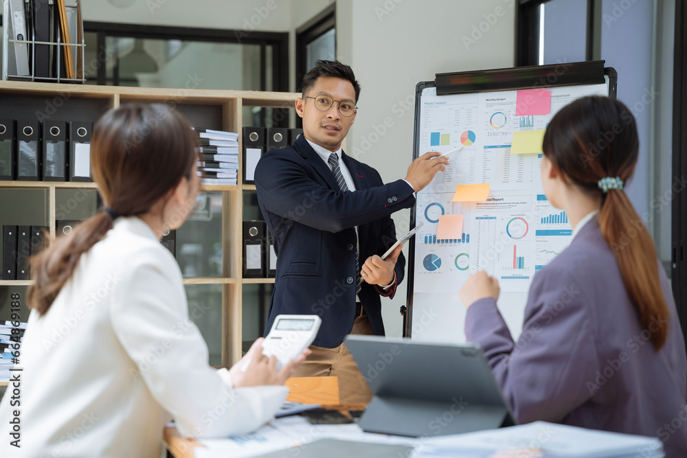 Business meeting account managers crew working search page on computer with new startup project. Idea presentation, analyze plans. Business meeting account managers crew working search page on computer with new startup project. Idea presentation, analyze plans.