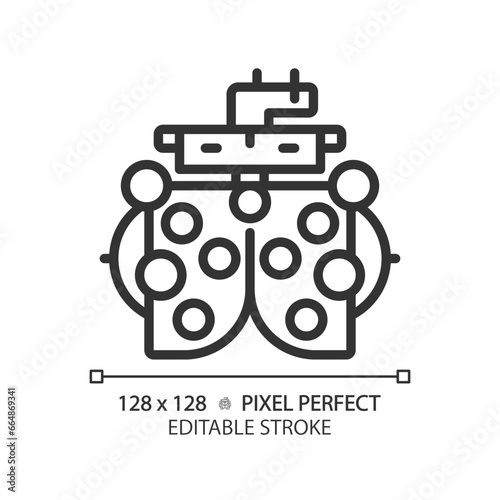 2D pixel perfect editable black phoropter icon, isolated simple vector, thin line illustration representing eye care.