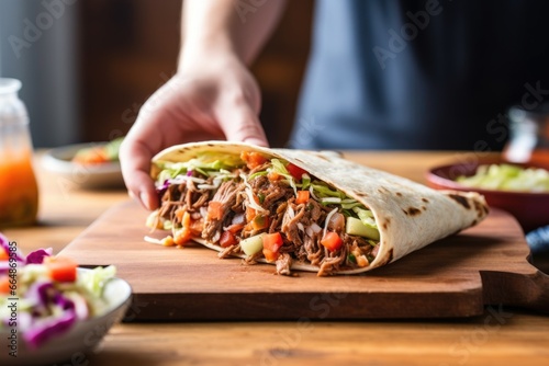 hand holding beef taco over chopping board