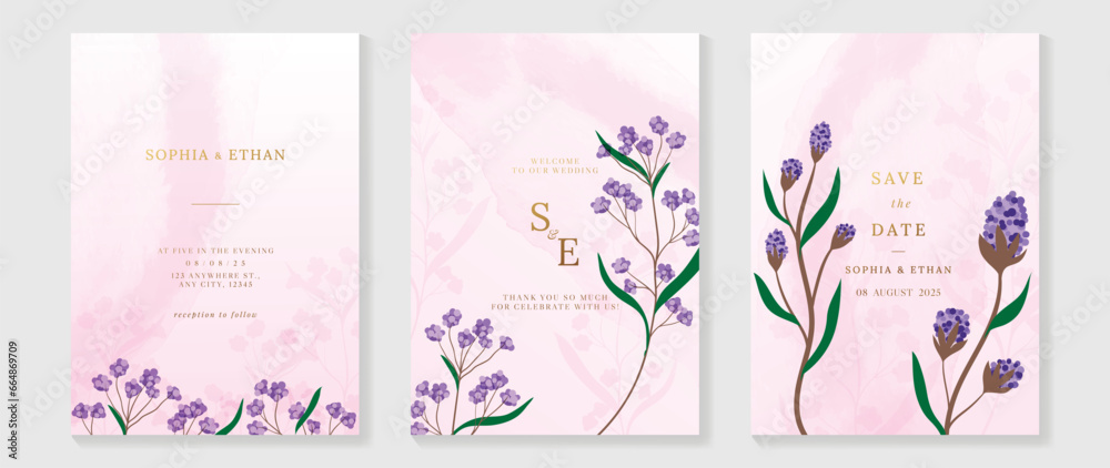 Luxury botanical wedding invitation card template. Watercolor card with purple flower, foliage, branch. Elegant blossom vector design suitable for banner, cover, invitation.
