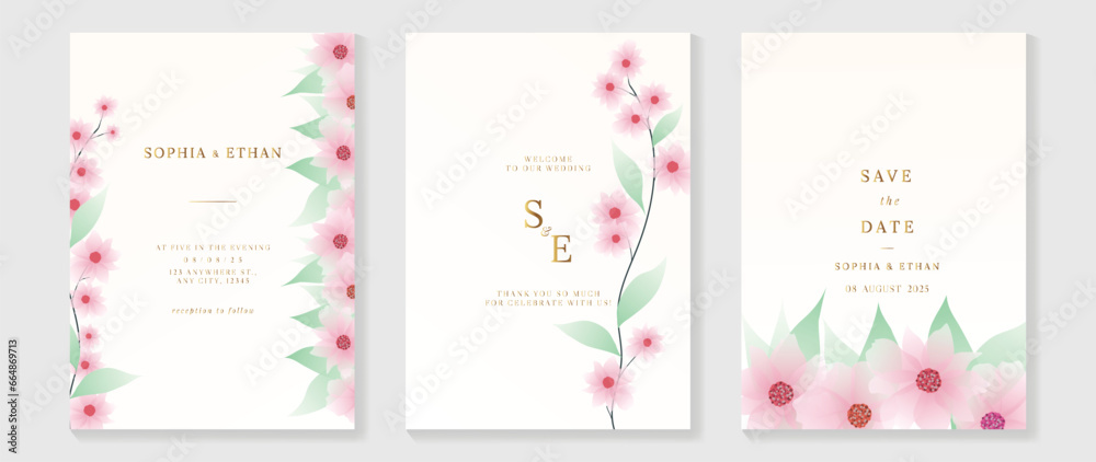 Luxury botanical wedding invitation card template. Watercolor card with pink flower, foliage, branch. Elegant blossom vector design suitable for banner, cover, invitation.