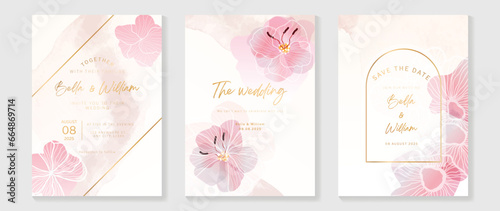 Luxury botanical wedding invitation card template. Watercolor card with pink flower, white line art. Elegant blossom vector design suitable for banner, cover, invitation.