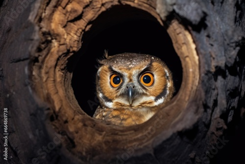 owl hooting from a hollow in a tree at night photo