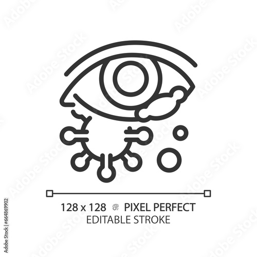 2D pixel perfect editable black eye infection icon, isolated simple vector, thin line illustration representing eye care.