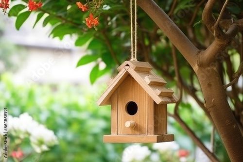 wooden birdhouse hang on a tree branch