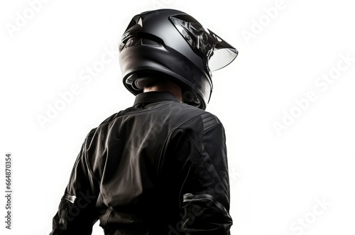 Moto biker wearing black helmet. Motorbike driver wearing dark clothes. Generate ai