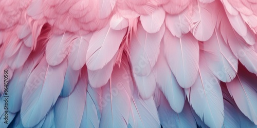 Colorful decorative background showcases dreamy pastel fluffy bird feather in soft pink and blue. Elegant design. Great for fashion trends and vibrant designs.