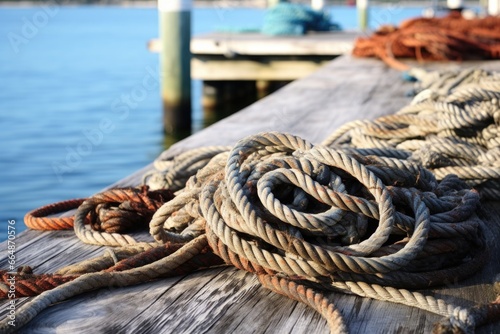 weathered boat ropes coiled on dock planks