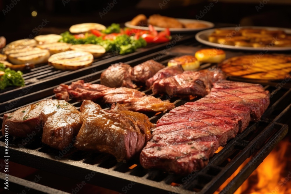 a spread of diverse cuts of meat on a churrasco grill