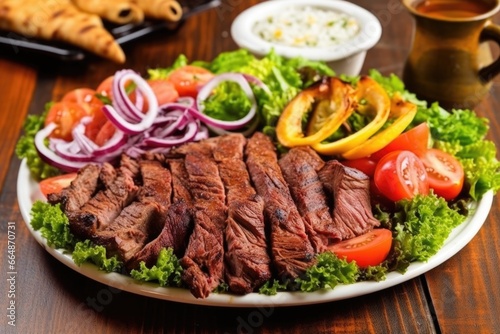 a plate full of grilled churrasco meats and salads