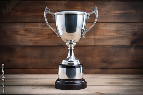 silver cup trophy on a polished wooden background