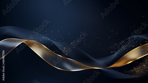 blue and gold ribbon. Navy blue. Concept of new year, celebration, holiday, advertising, banner