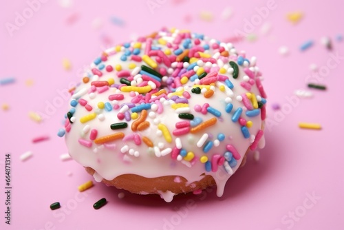 a donut covered with sprinkles on a pastel pink surface © altitudevisual