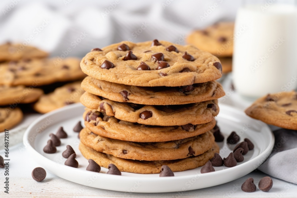 stack of chocolate chip cookies on a white plate stack of chocolate chip cookies on a white plate