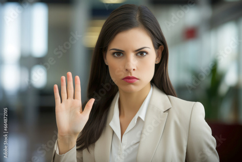 A young woman using a hand gesture to signal stop as a powerful stance against harassment  abuse  and discrimination  denouncing offensive behavior and intimidation.