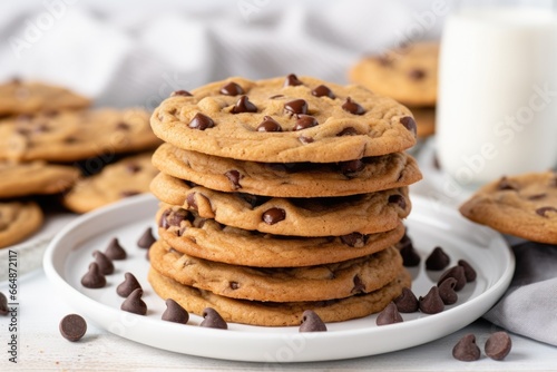 stack of chocolate chip cookies on a white plate