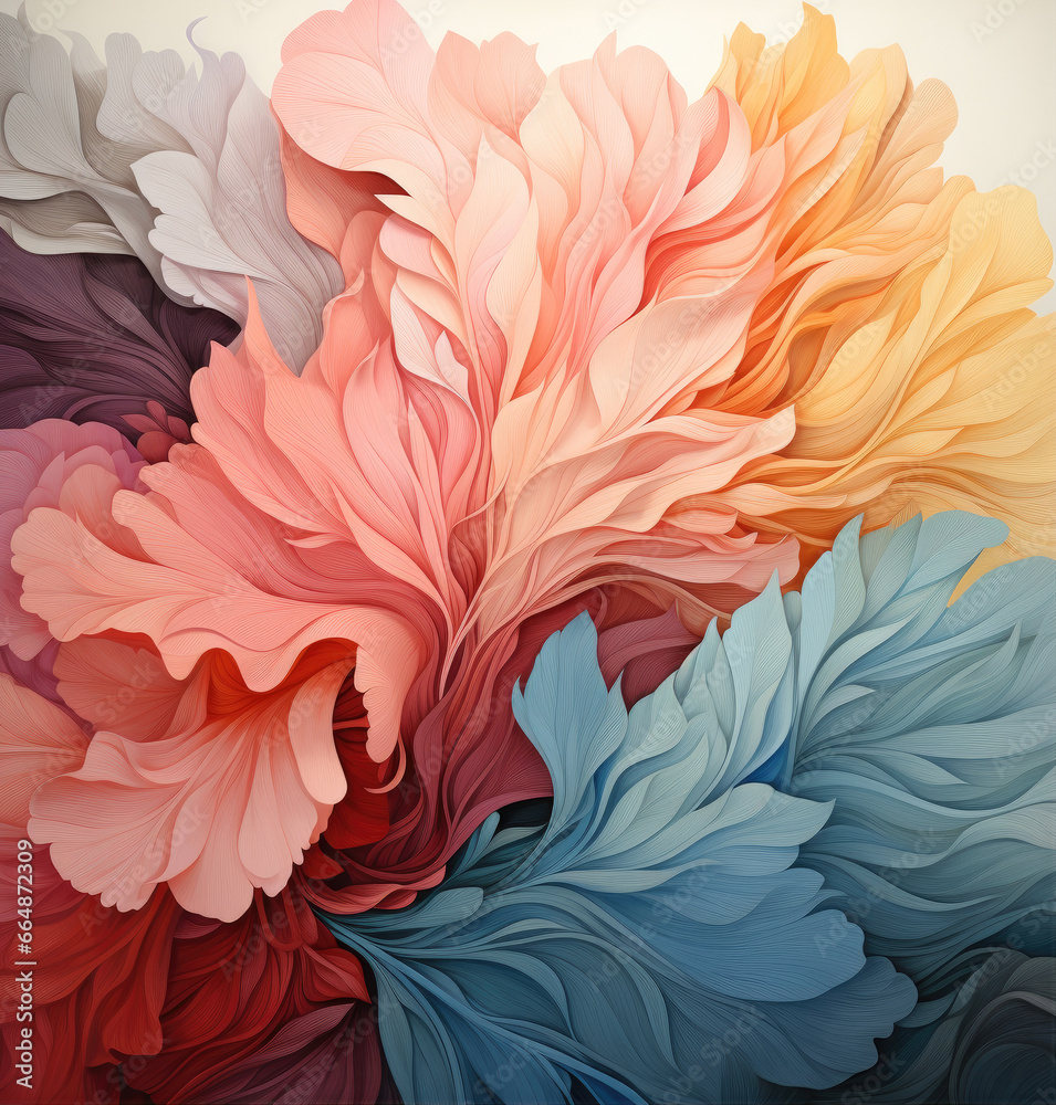 Abstract image of flowers and feathers in pink tones, similar to 3D work.