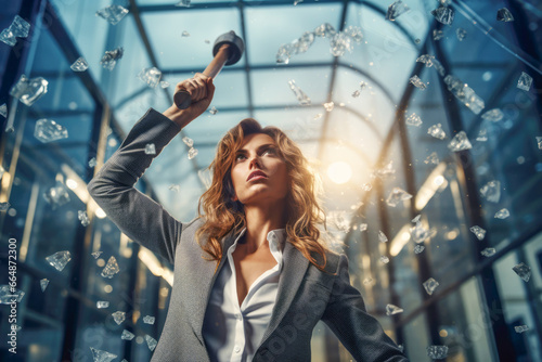A determined female executive breaking a glass ceiling with hammer, symbolizing her determination and power to overcome obstacles in her career.
