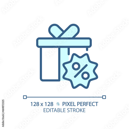 2D pixel perfect editable blue gift hamper icon, isolated monochromatic vector, thin line illustration representing discounts.