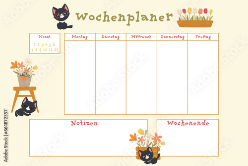German weekly calendar. German inscriptions means "Weekly planner, Month, Monday, Tuesday, Wednesday, Thursday, Friday,  Notes, Weekend". Vector tropical planner or organizer with cute black kittens 