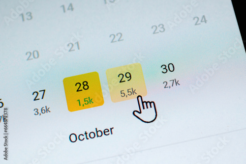 October calendar date - Thousands of website and physical store visitors captured in a close-up macro shot with a tilt-shift lens mouse pointer on display