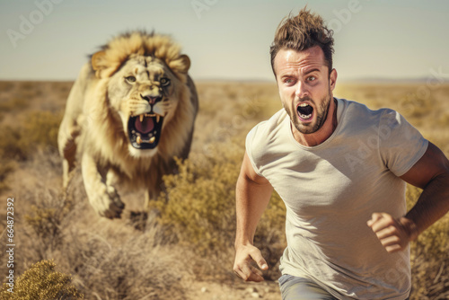 a man facing an aggressive male lion in the African savanna, highlighting the danger and strength of the big cat in the wild.