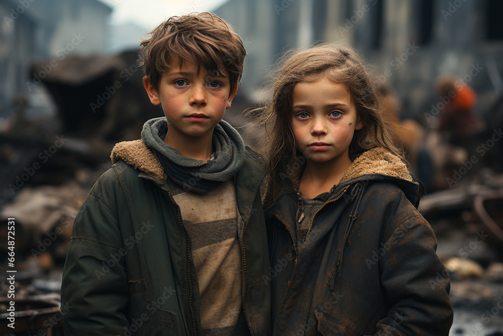 War-ravaged children, their innocence stolen by the harsh realities of conflict, symbolizing the urgent need for peace and humanitarian aid. Ai generated War-ravaged children, their innocence stolen by the harsh realities of conflict, symbolizing the urgent need for peace and humanitarian aid. Ai generated
