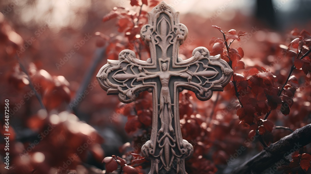 A cross in an overgrown cemetery during late autumn. a forgotten ruined tomb. generative AI