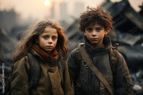 War-ravaged children, their innocence stolen by the harsh realities of conflict, symbolizing the urgent need for peace and humanitarian aid. Ai generated
