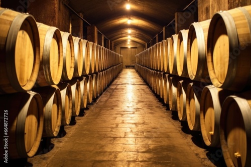 row of champagne wine barrels in the cellar