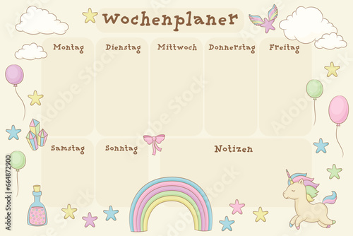 German weekly calendar. German inscriptions means "Weekly planner, Monday, Tuesday, Wednesday, Thursday, Friday, Saturday, Sunday, Notes". Vector planner or organizer with unicorns, rainbow, crystals
