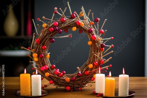 german birthday wreath made from wooden branches and decorated with candles