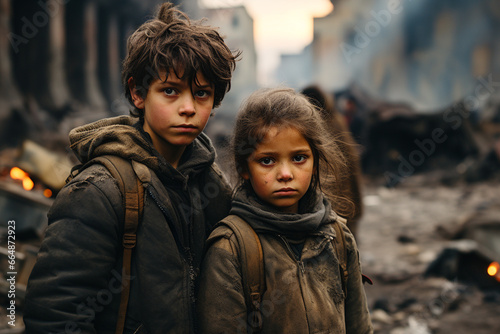 War-ravaged children, their innocence stolen by the harsh realities of conflict, symbolizing the urgent need for peace and humanitarian aid. Ai generated