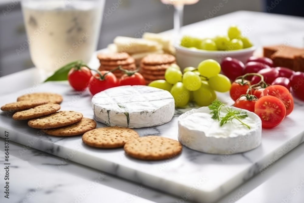 reaching for a soft cheese spread with round crackers on a marble tray reaching for a soft cheese spread with round crackers on a marble tray