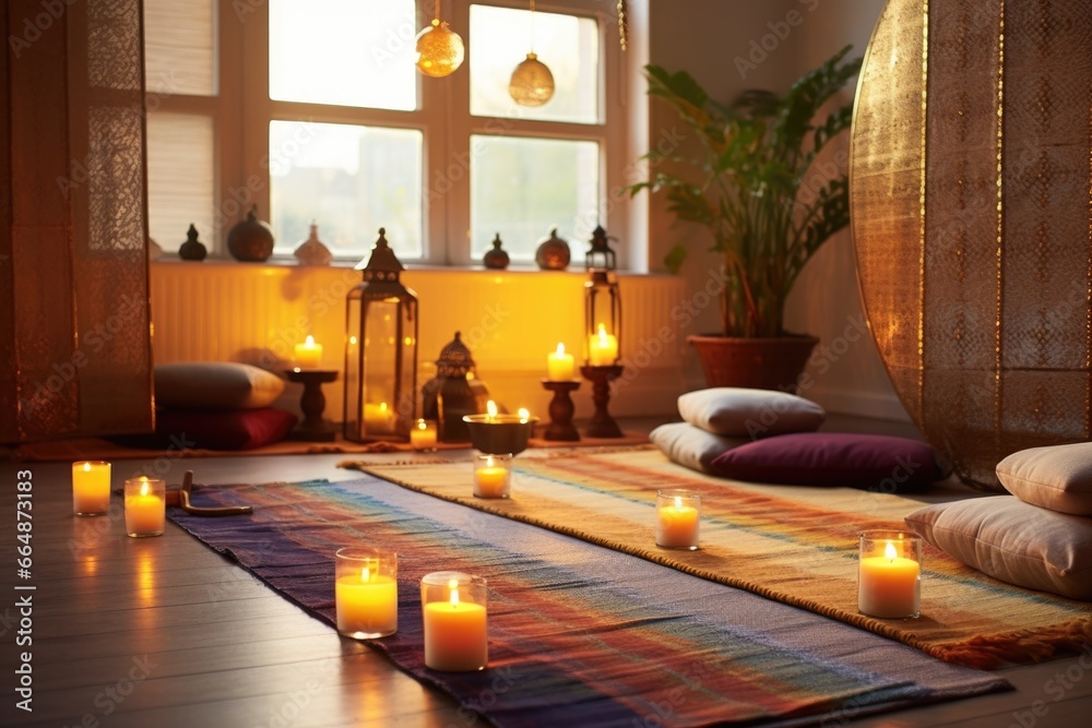 meditation mats and candles in a peaceful room - obrazy, fototapety, plakaty 