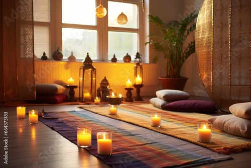 meditation mats and candles in a peaceful room