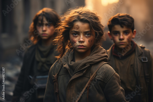 War-ravaged children, their innocence stolen by the harsh realities of conflict, symbolizing the urgent need for peace and humanitarian aid. Ai generated © twindesigner