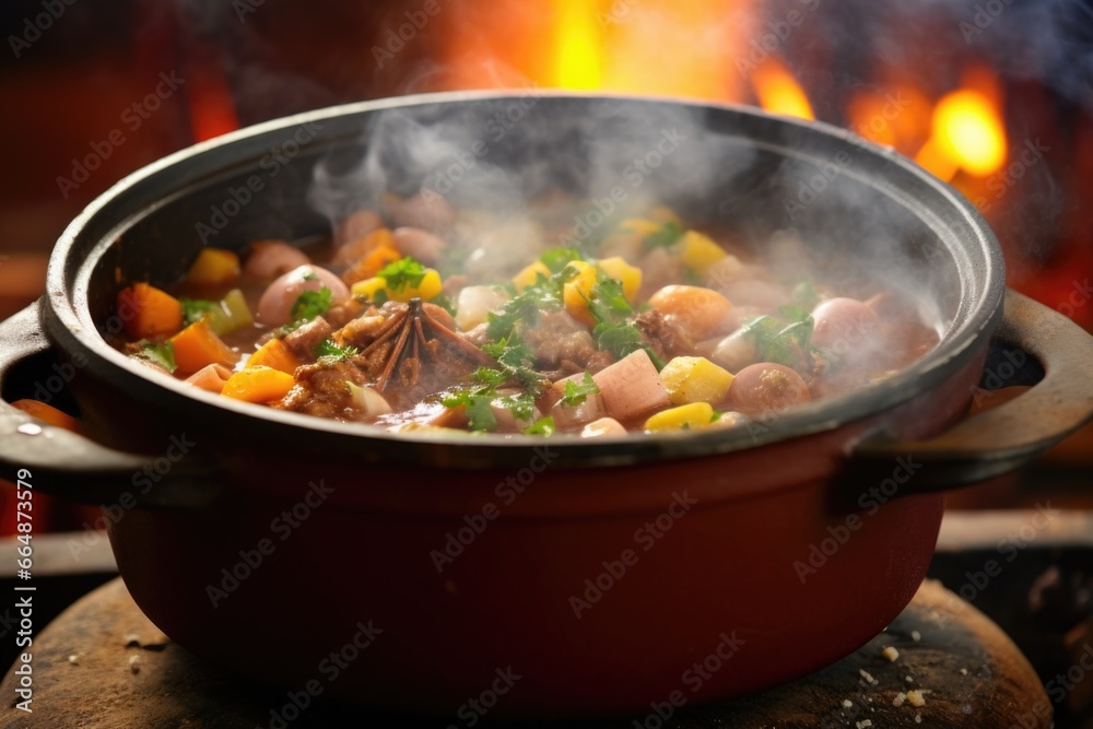 stew simmering in a clay pot with steam rising stew simmering in a clay pot with steam rising