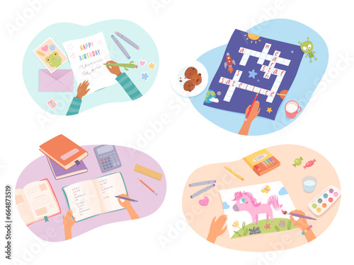 Kids study, play at table, top view set, hands holding pen or brush, solving crossword