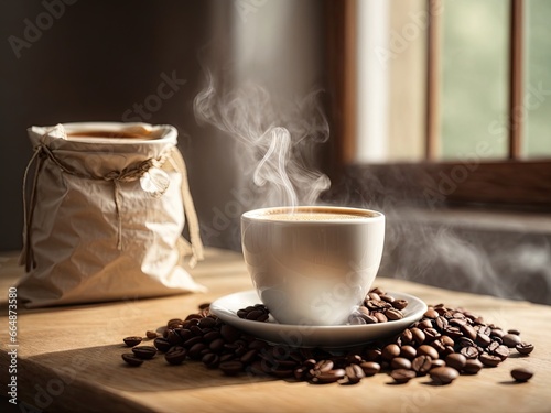 Light photo  in white and beige tones. Cup of hot coffee with steam on a wooden background. Coffee beans in a bag. Cozy homely atmosphere in pastel colors. This photo was generated using Leonardo AI