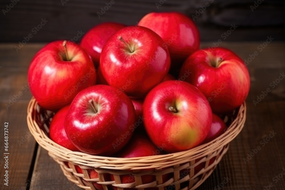 glossy red apples arranged neatly in a woven basket