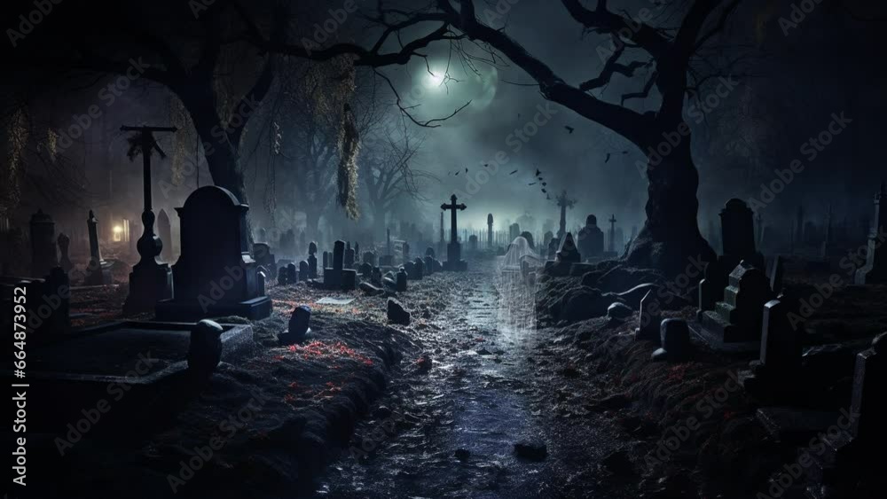 Cimetière hanté sous la lune et ciel nocturne