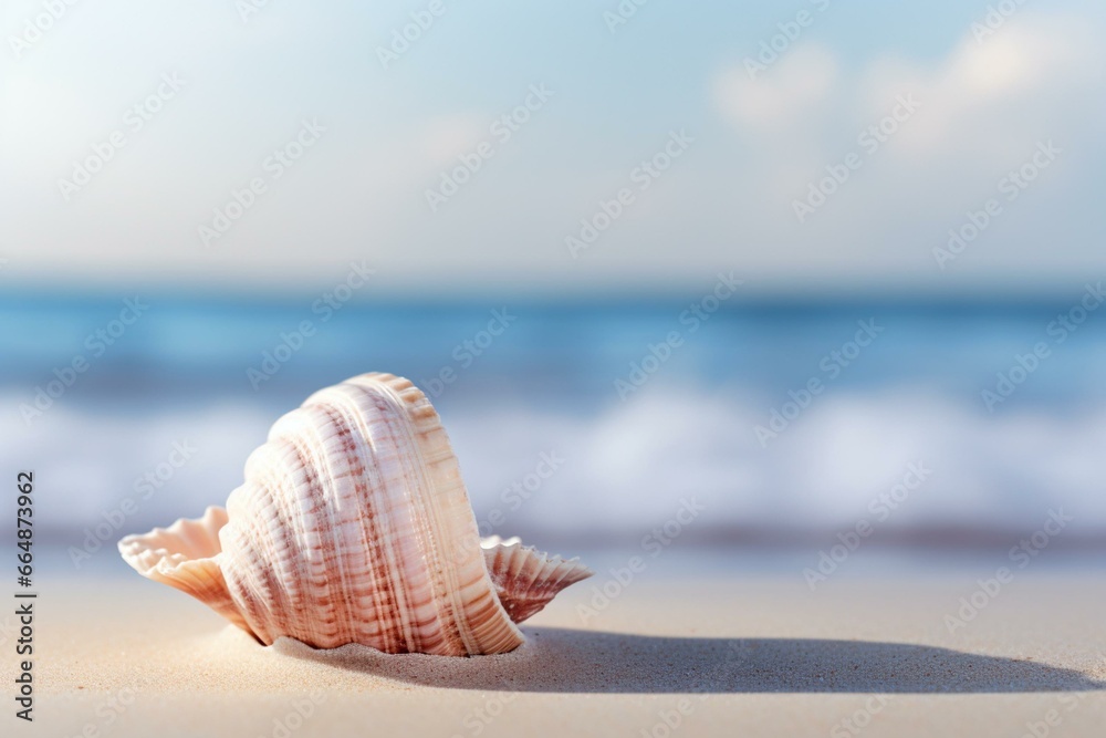 Close-up of seashell on sandy beach with hazy background. Generative AI - obrazy, fototapety, plakaty 