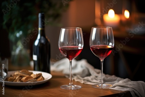 two wine glasses filled with red wine on a dining table