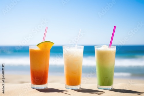 close-up of cold beverages on a sunny beach