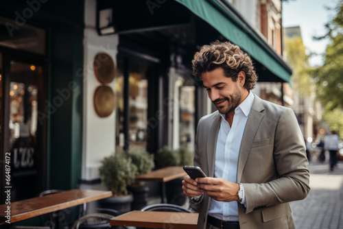 Handsome man smiling as he gazes at his mobile phone, radiating the joy of modern connectivity and personal connection. Ai generated