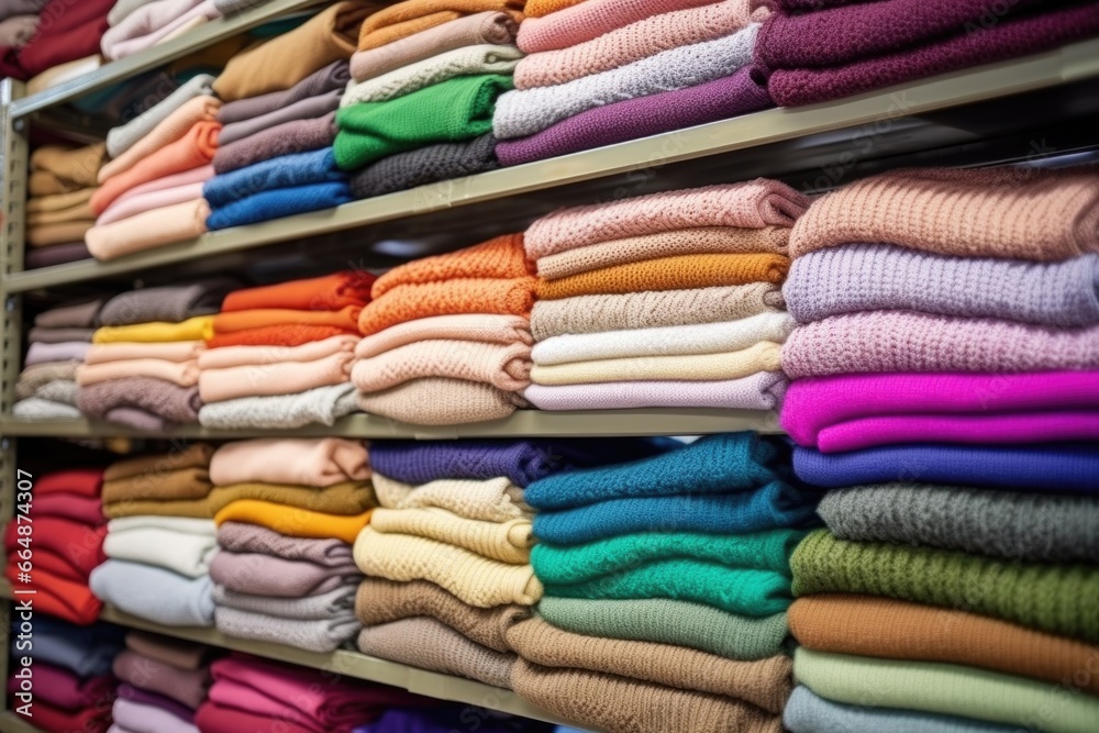stack of finished sweaters on a warehouse shelf