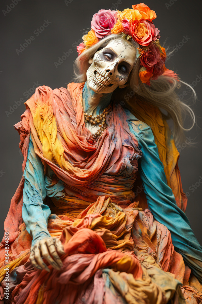 Fototapeta premium Ancient mummy in colored bandages, horror-themed.