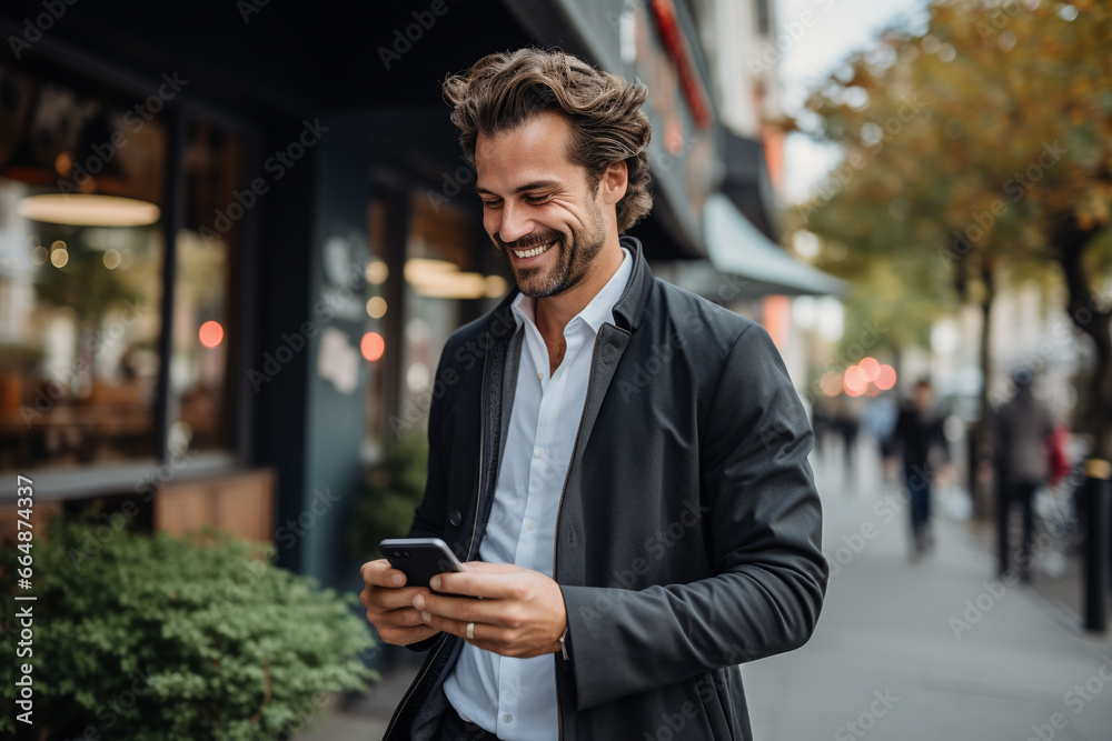 Handsome man smiling as he gazes at his mobile phone, radiating the joy of modern connectivity and personal connection. Ai generated Handsome man smiling as he gazes at his mobile phone, radiating the joy of modern connectivity and personal connection. Ai generated